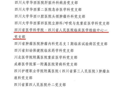 临床医学检验中心一党支部荣获四川省 “公立医院标杆党支部”称号